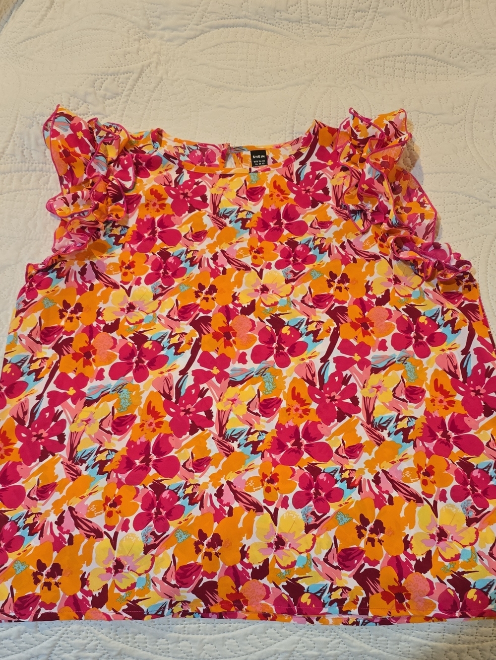 Ladies Floral Ruffle Sleeve Top - Pink & Orange